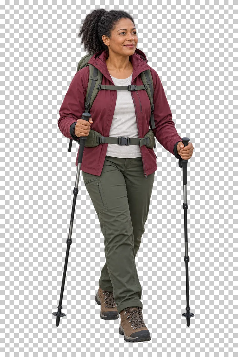 A full-body hiker carrying a backpack and exactly two complete trekking poles.
