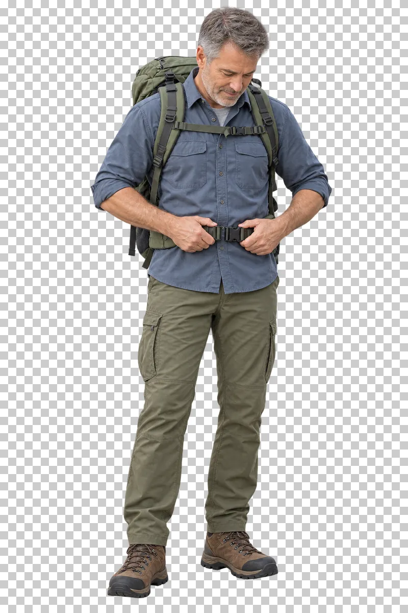 A hiker using both hands to fasten the waist belt of his backpack.