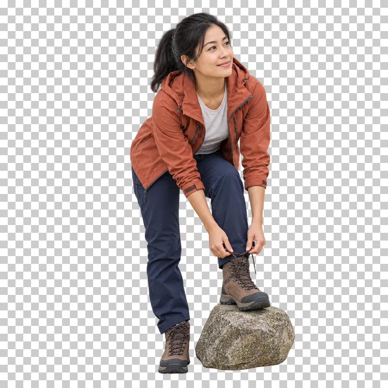 A hiker tying one boot raised on a small low stone.