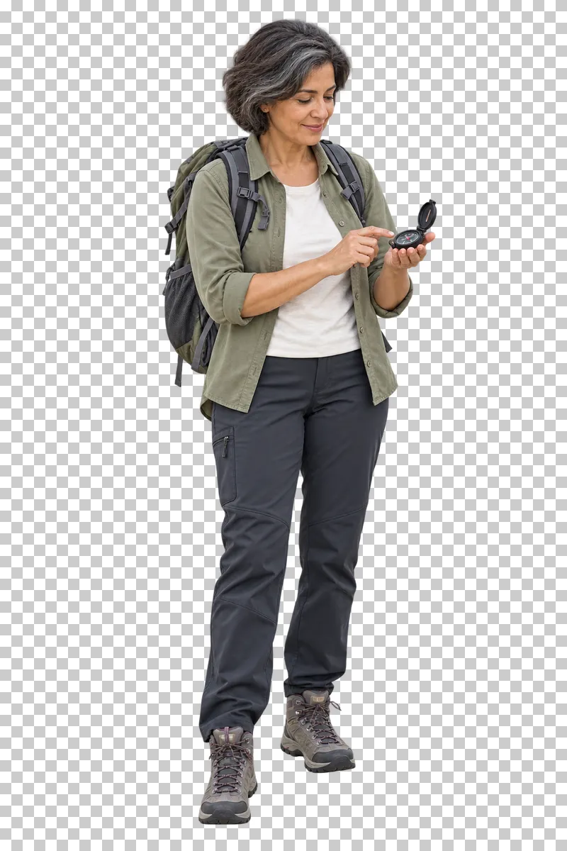 A hiker checking a compass held in her palm.