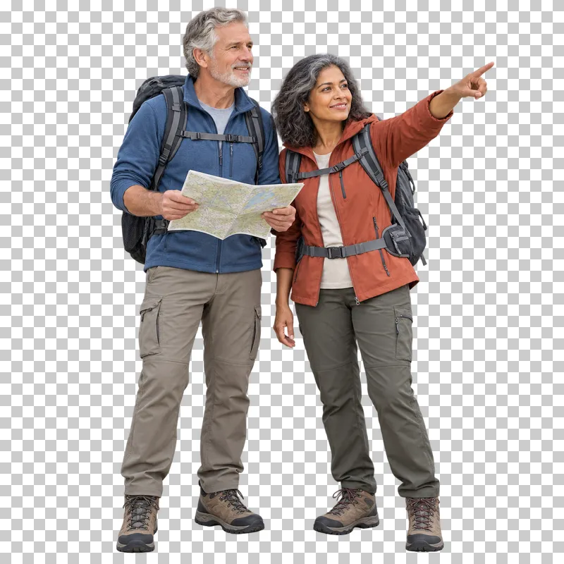 A hiking couple comparing an open paper map with their direction of travel.