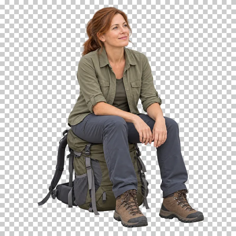 A resting hiker sitting on her own complete hiking backpack.