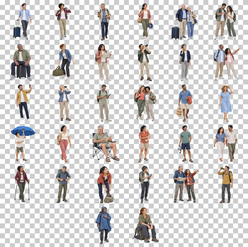Travelers and Holidaymakers Photo PNG Collection: all 32 elements in one grid