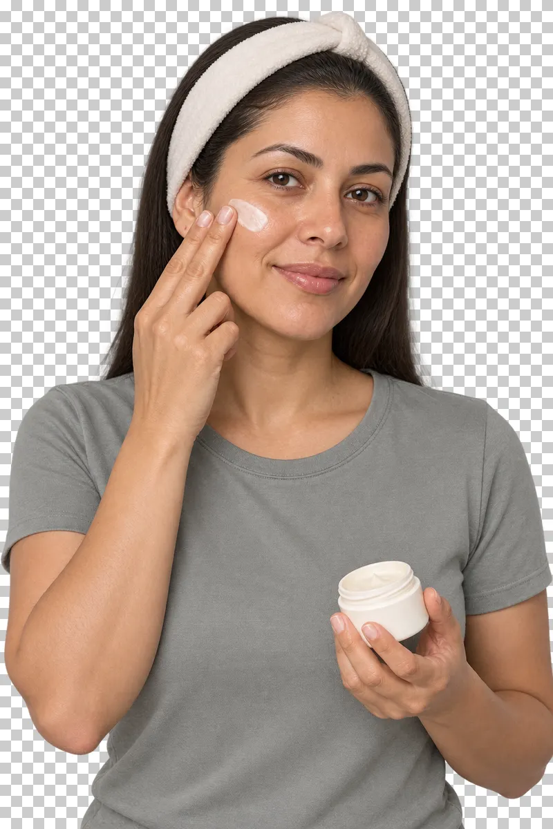 A person spreads face cream on a cheek with fingertips while holding a small plain jar.