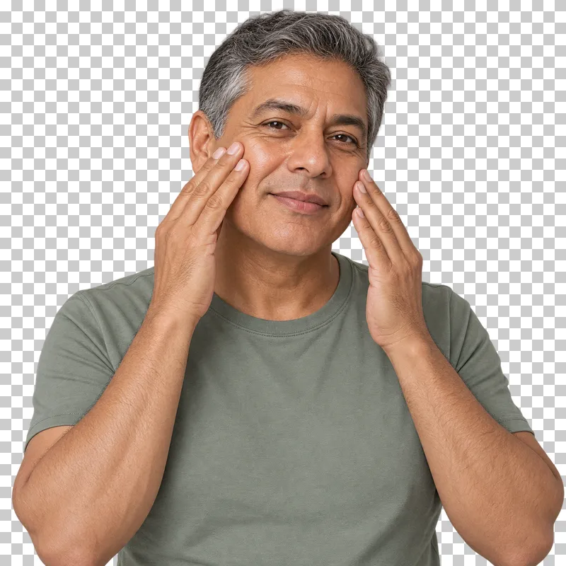 A person gently massages both cheeks with relaxed fingertips.