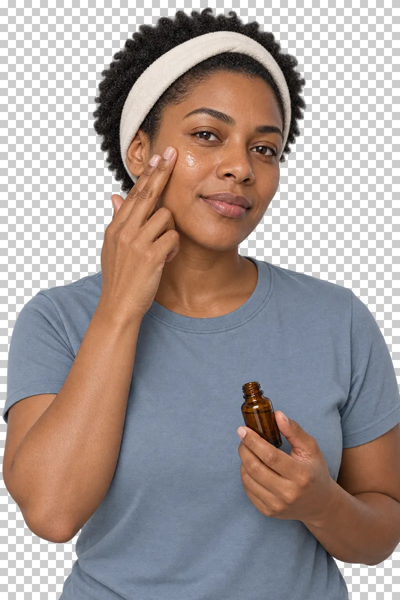 A person pats serum onto a cheek with fingertips while holding a small amber bottle.