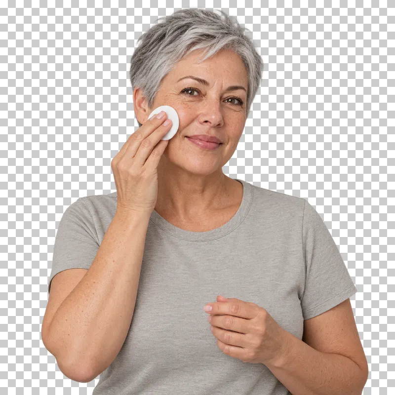 A person cleanses a cheek with a round white cotton pad.