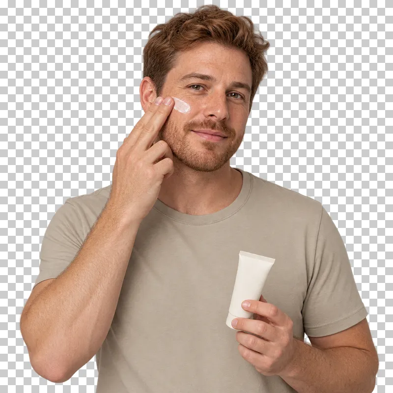 A person spreads pale sunscreen on a cheek while holding a plain tube.