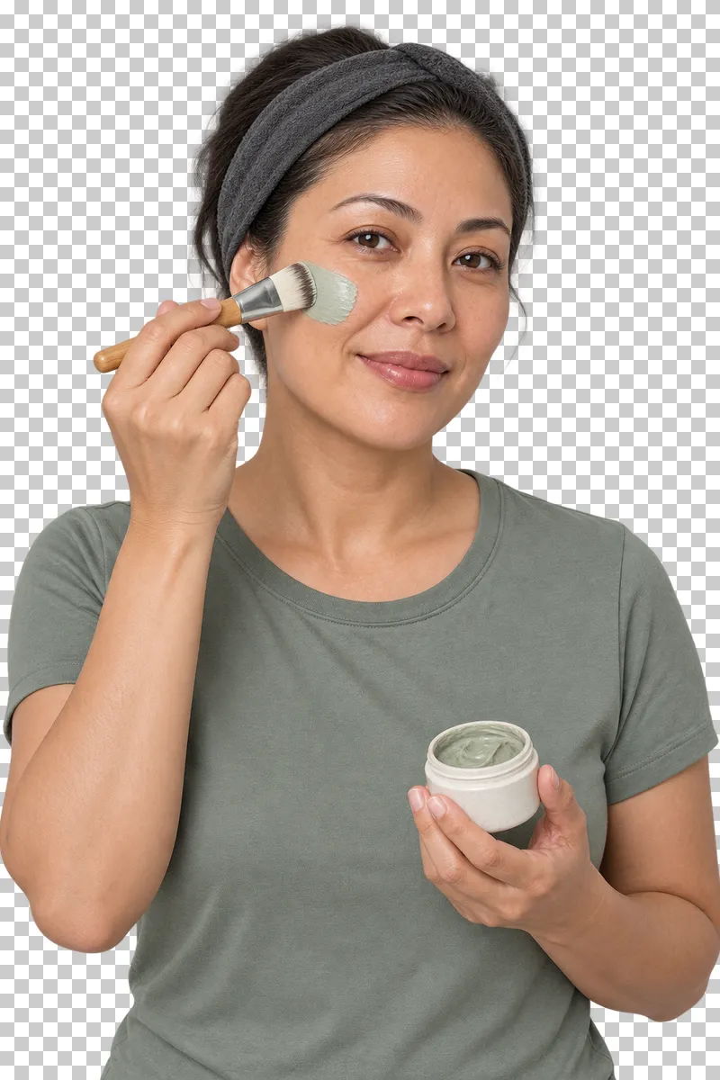 A person applies a face mask to a cheek with a flat cosmetic brush.