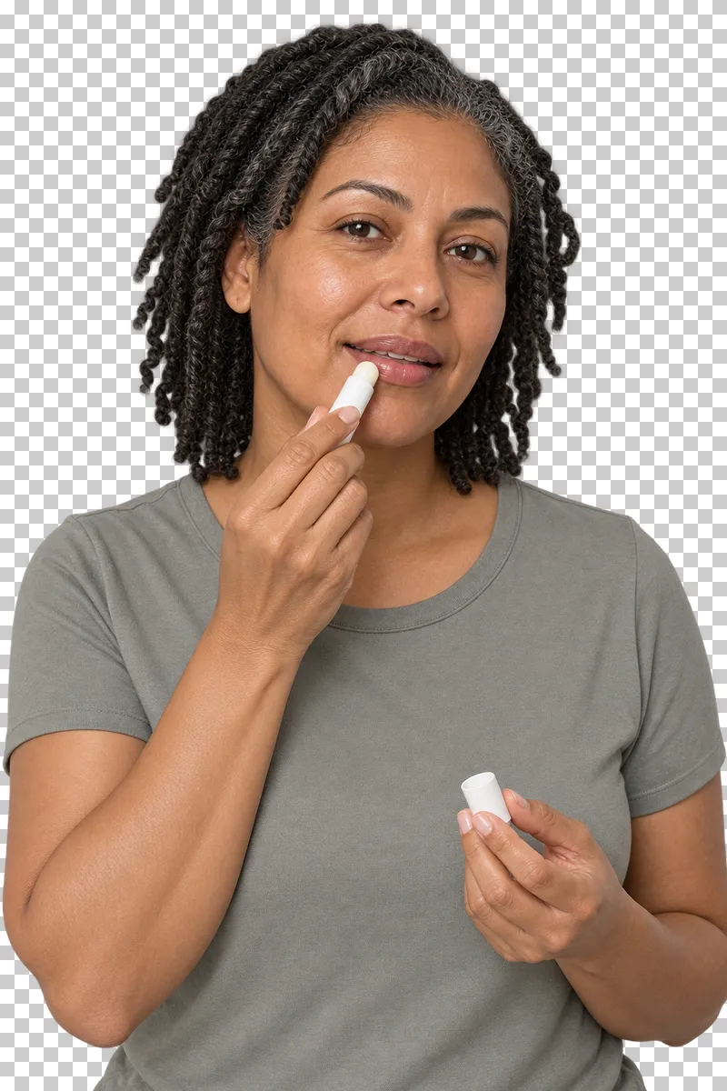 A person applies lip balm from a small plain stick.