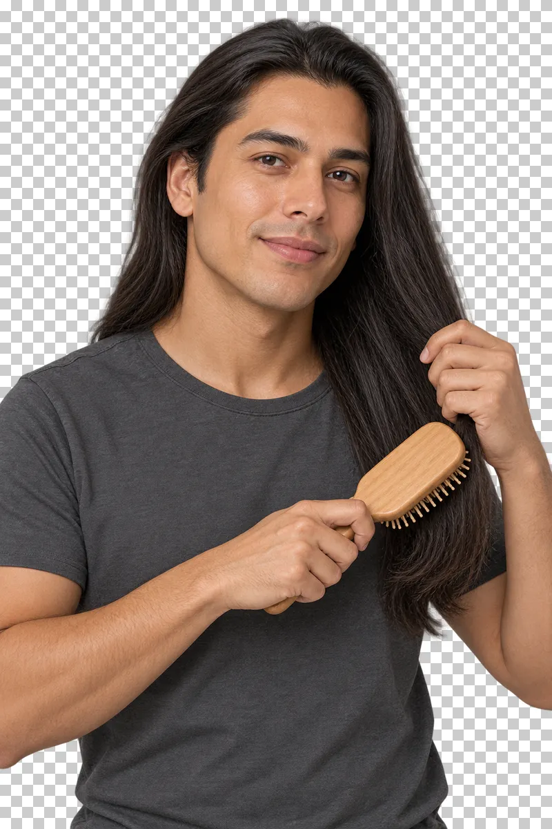 A person brushes long hair with a hairbrush.