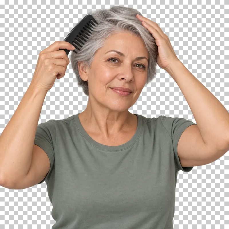 A person combs short hair with a small comb.