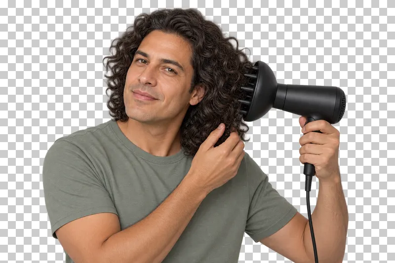 A person dries curly hair with a hair dryer and diffuser attachment.
