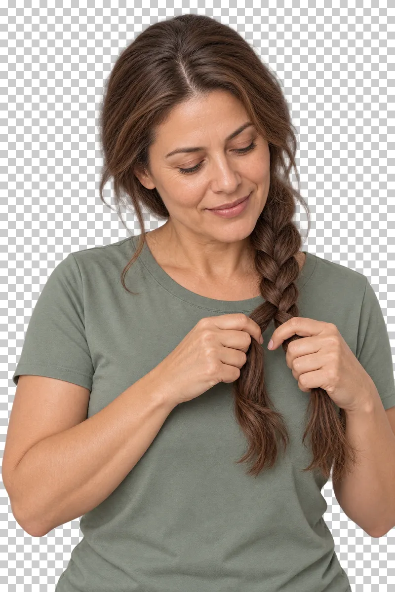 A person braids their own long hair with both hands.
