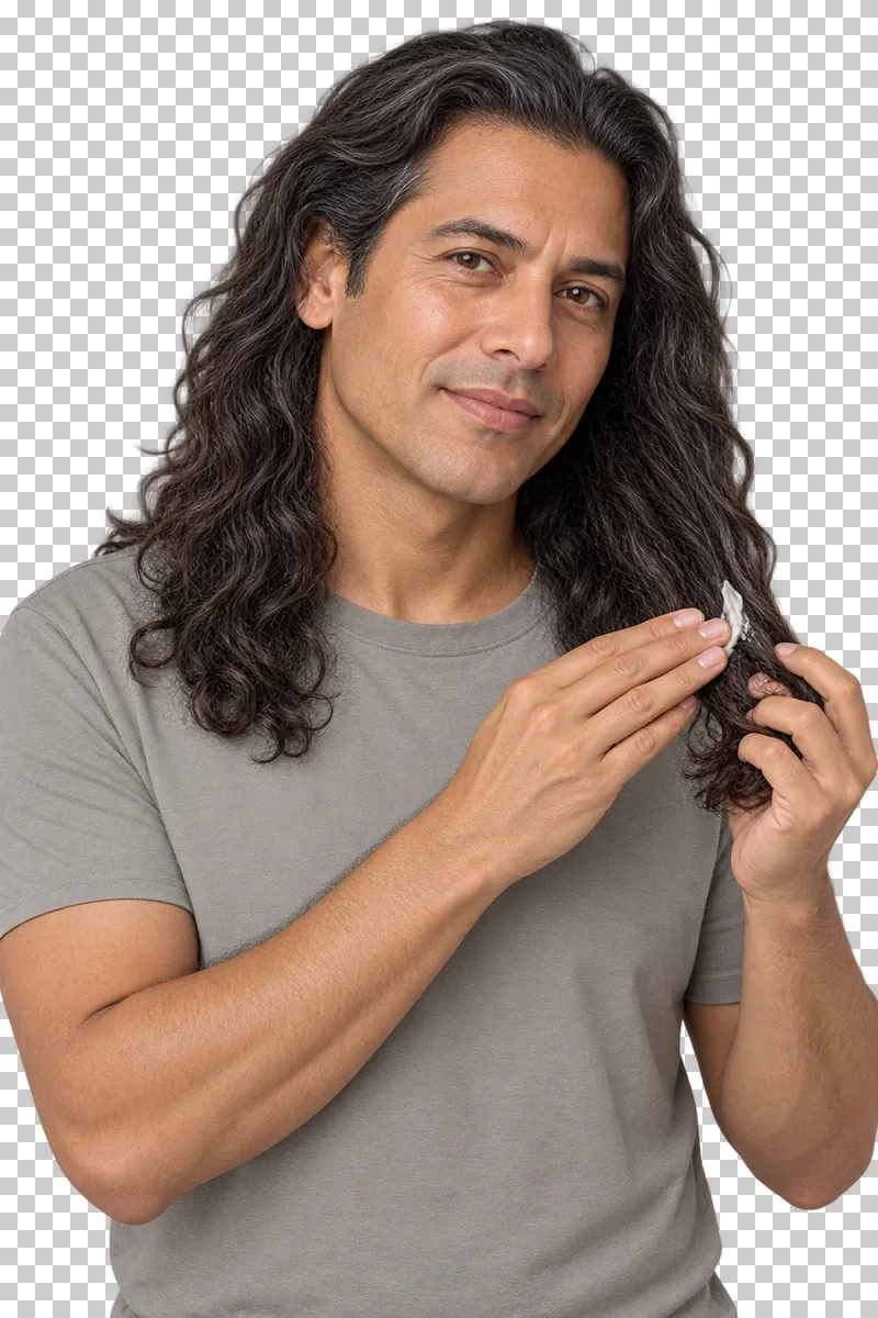 A person smooths conditioner onto the ends of long hair.