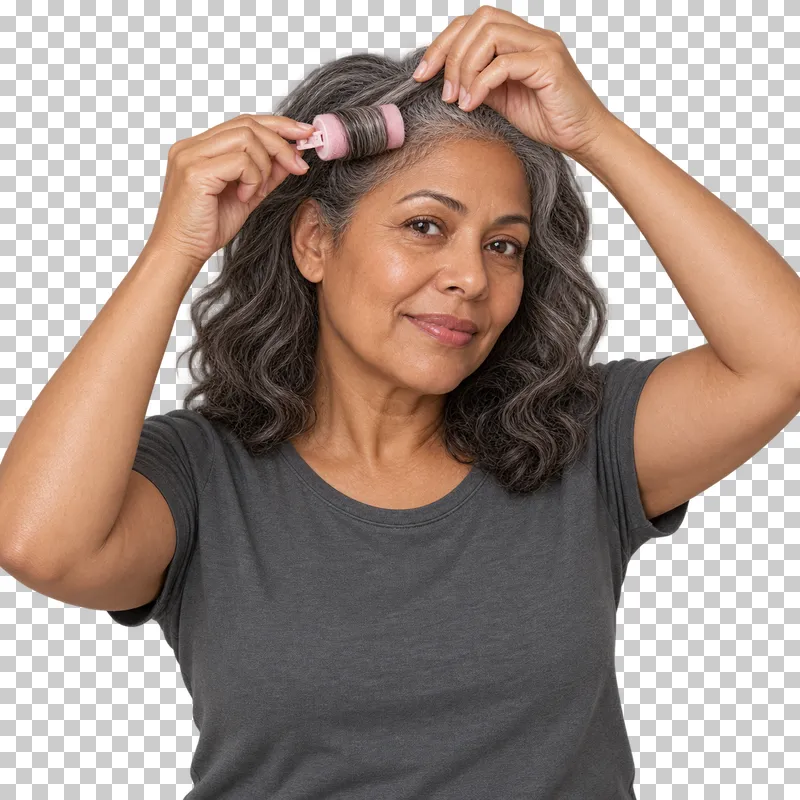 A person places a hair roller around a section of hair.
