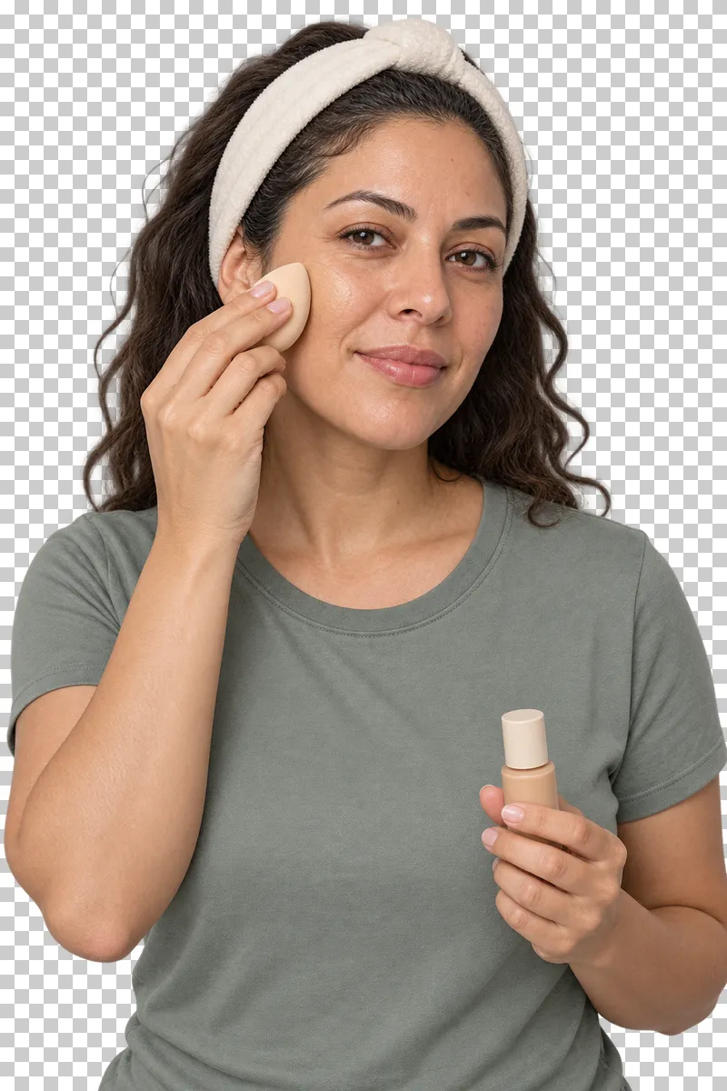 A woman applies foundation to a cheek with a makeup sponge.