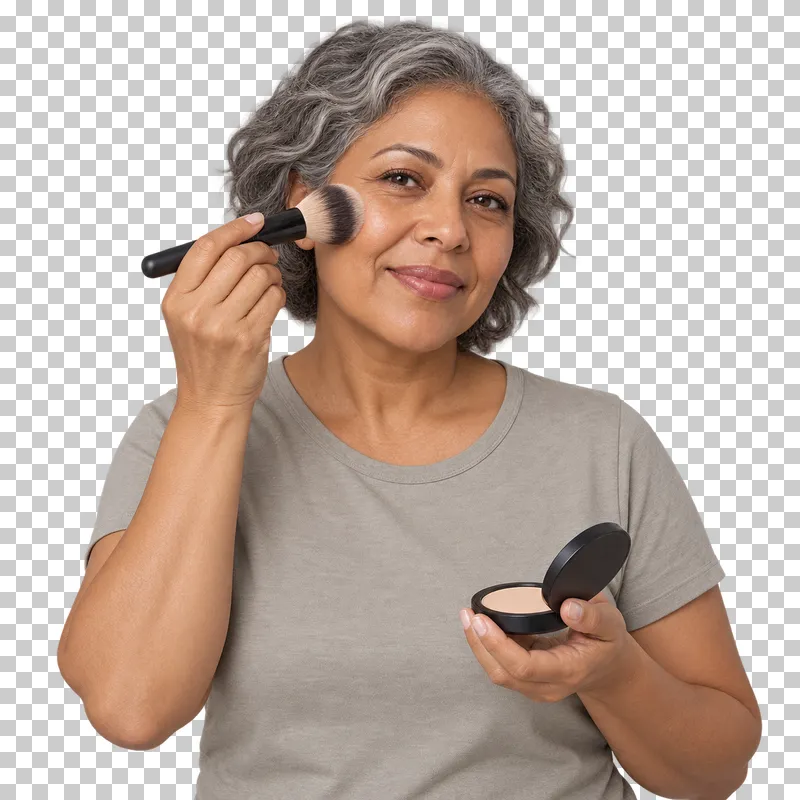 A person applies face powder with a large soft makeup brush.