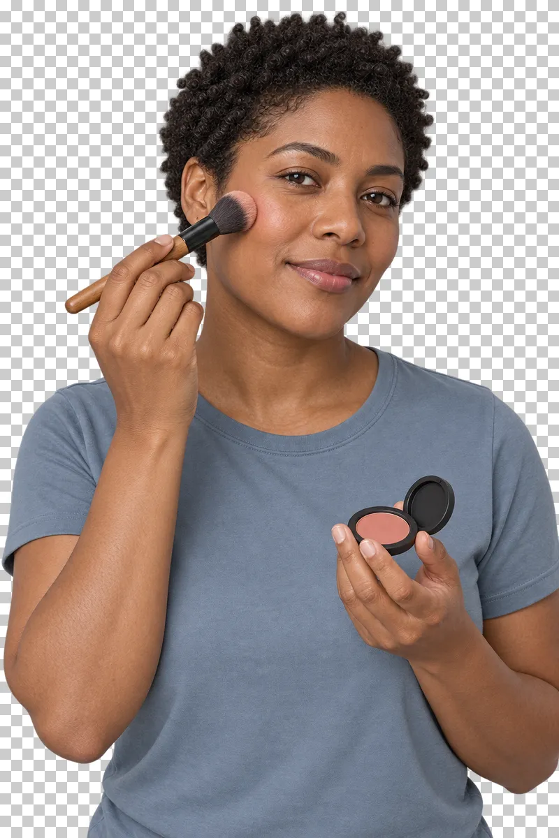 A person applies blush to a cheek with a makeup brush.