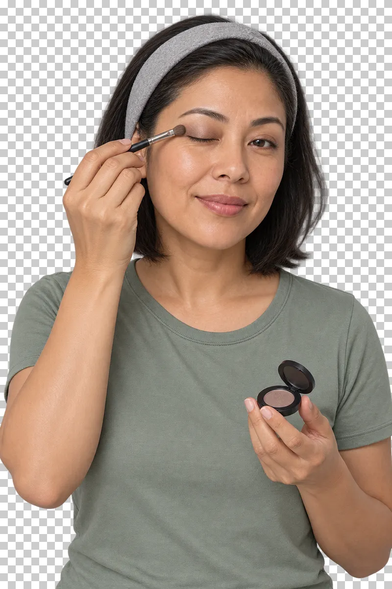 A person applies eyeshadow to an eyelid with a small brush.