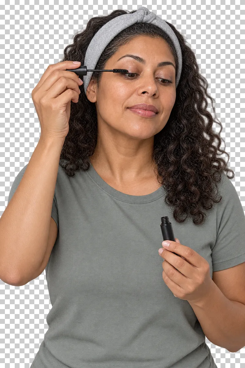 A woman applies mascara to her eyelashes with a mascara wand.
