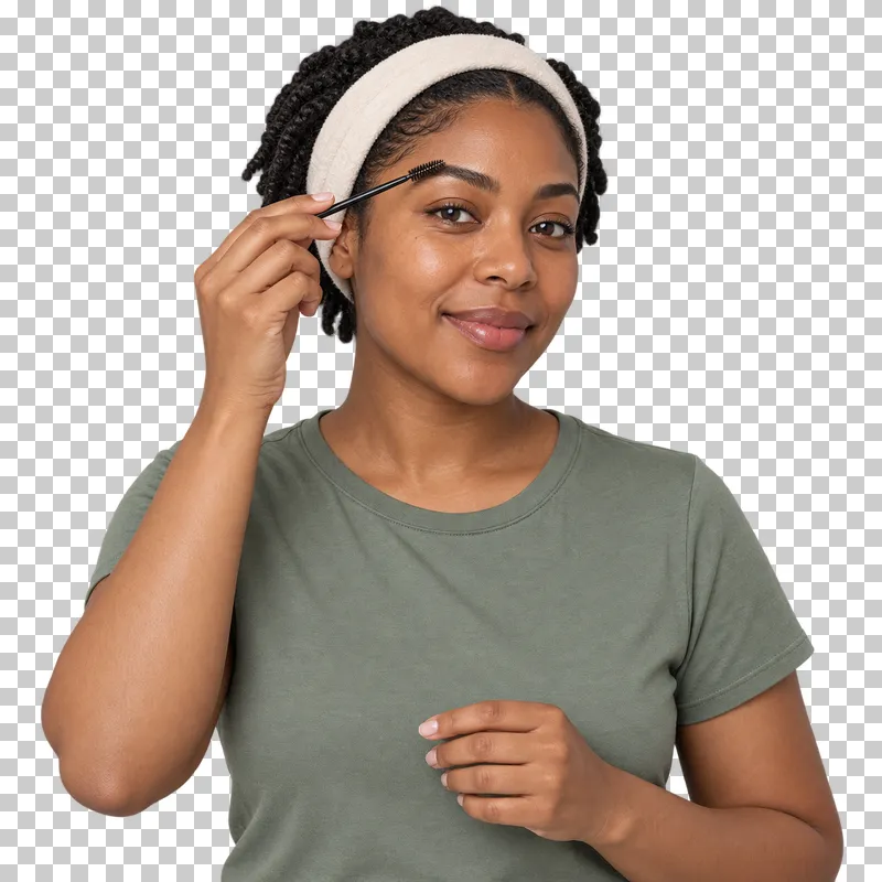 A person brushes an eyebrow with a small spoolie.