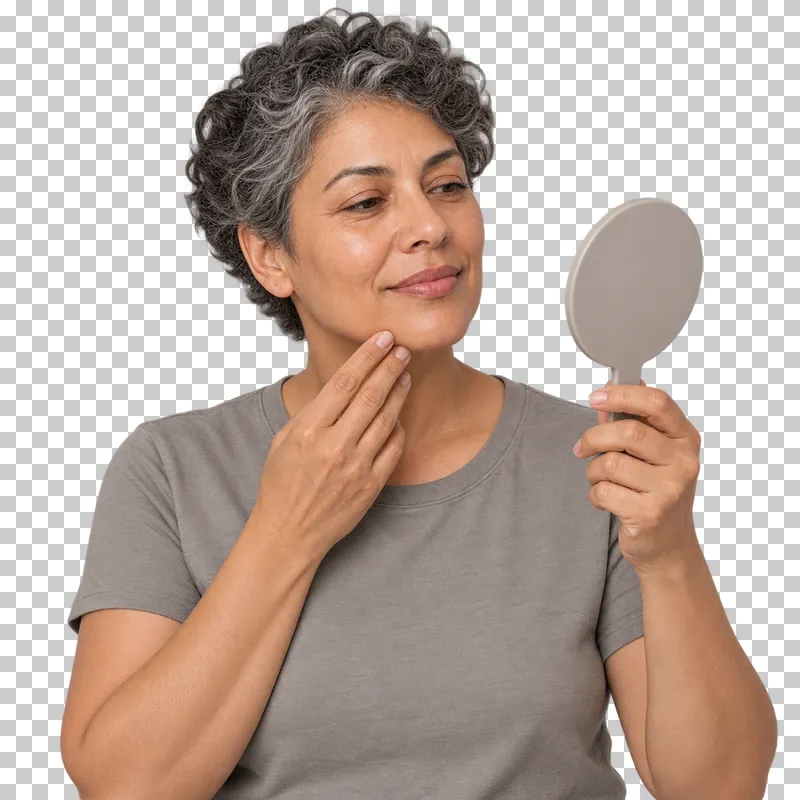 A person checks the makeup result in a small handheld mirror.