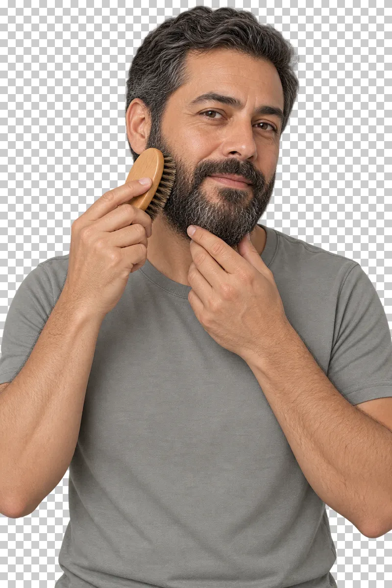 A person brushes a beard with a small wooden beard brush.