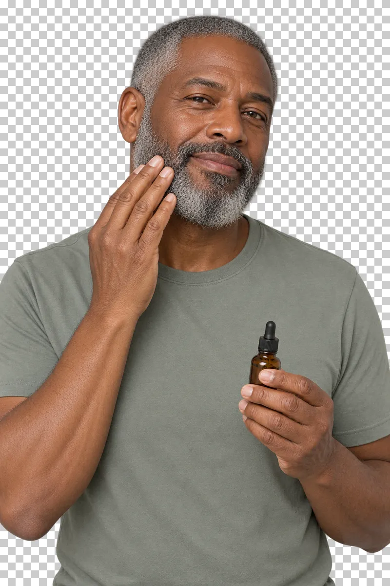 A person works beard oil into facial hair while holding a small amber bottle.