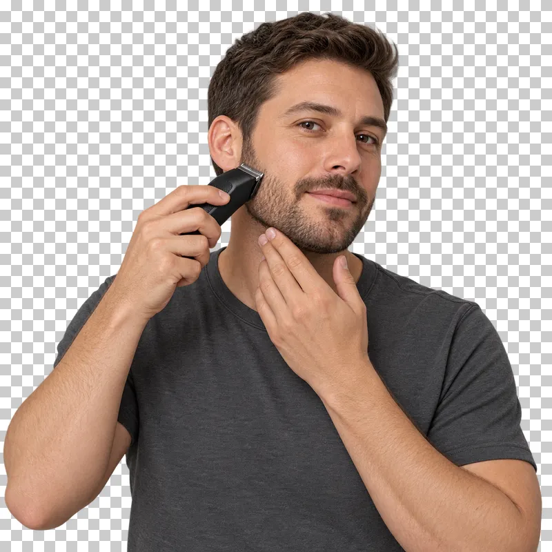 A person trims facial hair along the jaw with an electric beard trimmer.