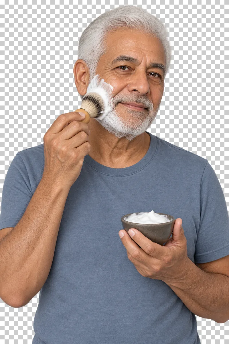 A person spreads white shaving foam onto a cheek with a shaving brush while holding a bowl.