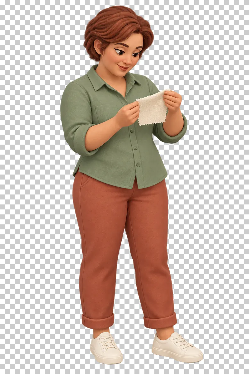 A 3D small business owner inspecting a fabric sample held between both hands.