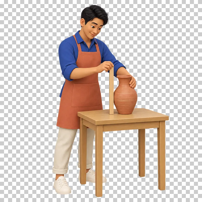 A 3D shop owner measuring a product on a small wooden table.