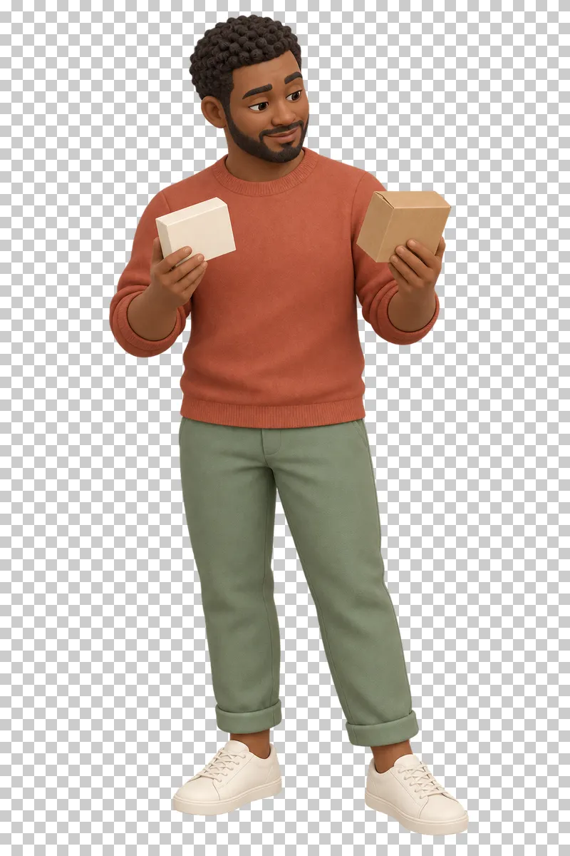 A 3D shop owner comparing two unbranded product packages.