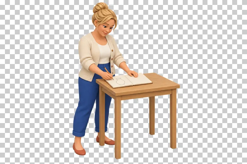 A 3D shop owner sketching a product idea in a notebook at a small table.