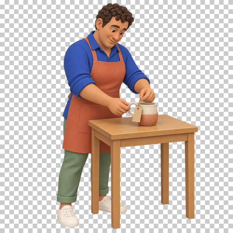 A 3D shop owner attaching a blank tag to a product on a small table.
