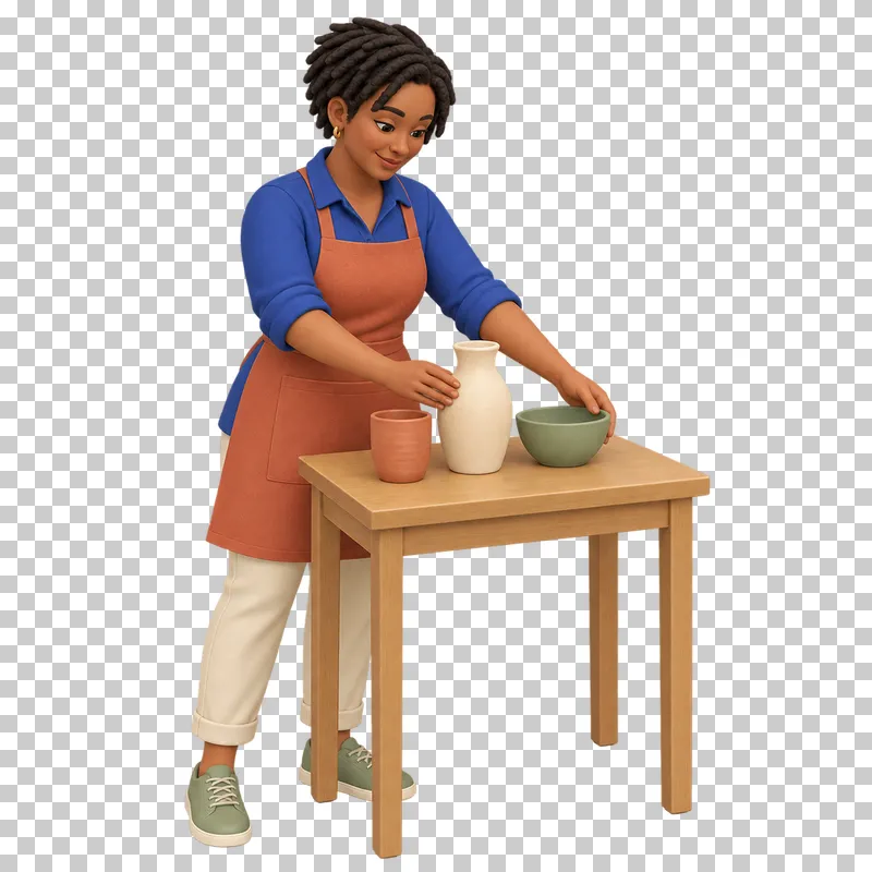 A 3D shop owner arranging three products on a small wooden table.