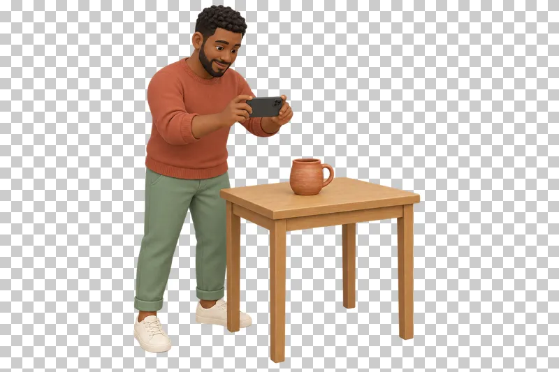 A 3D shop owner photographing a product on a small table with a phone.