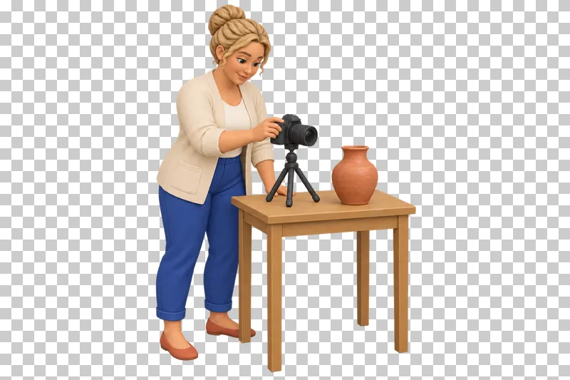A 3D shop owner photographing a product with a camera on a small tripod.