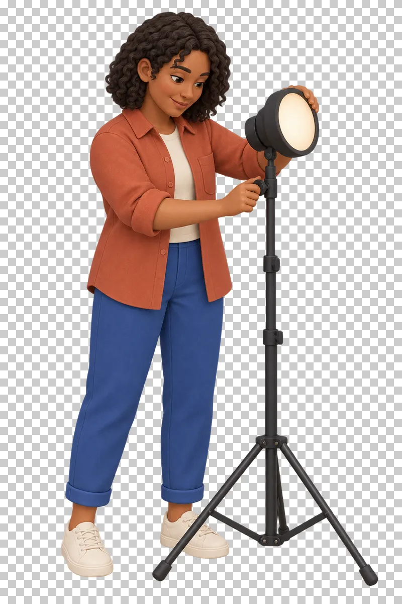 A 3D shop owner adjusting a product photography lamp on its stand.