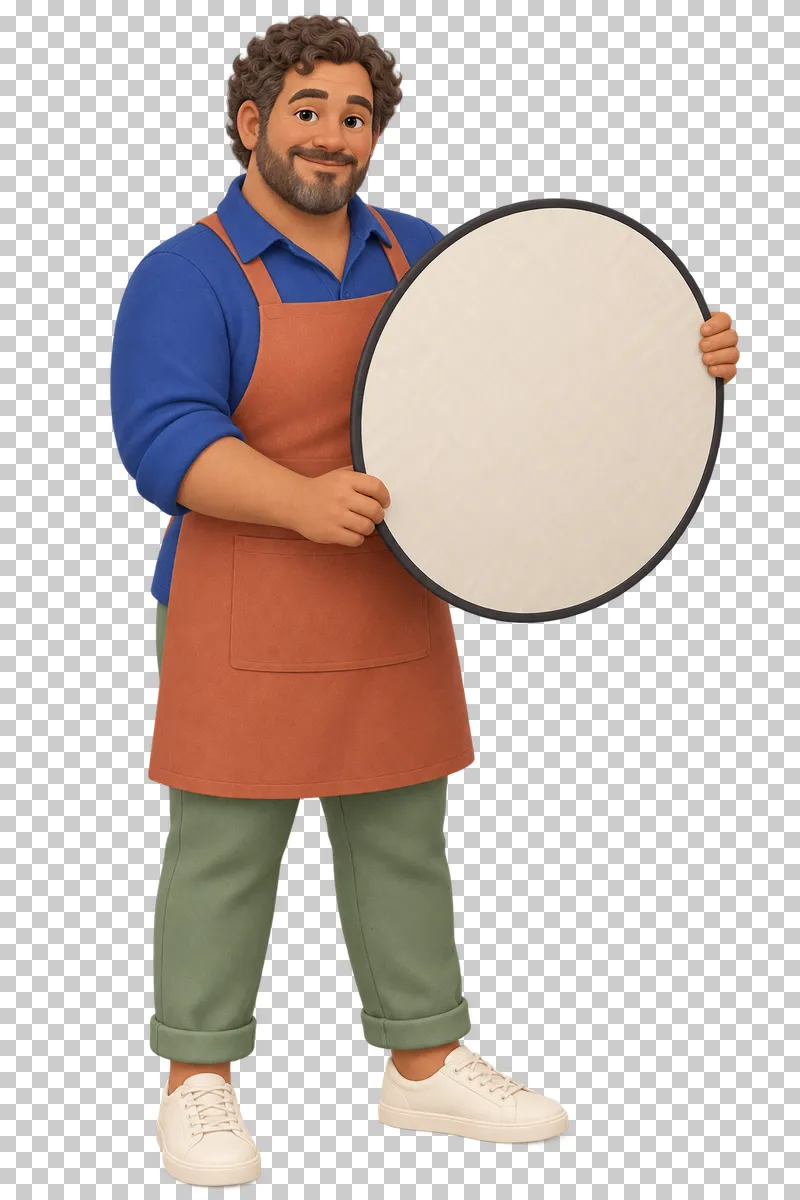 A 3D shop owner holding a round photography reflector.