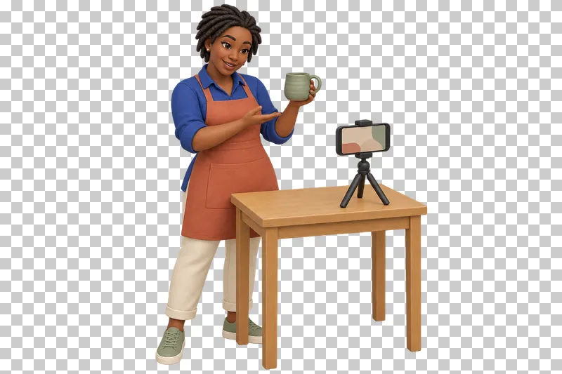 A 3D shop owner recording a product presentation with a phone on a tripod.