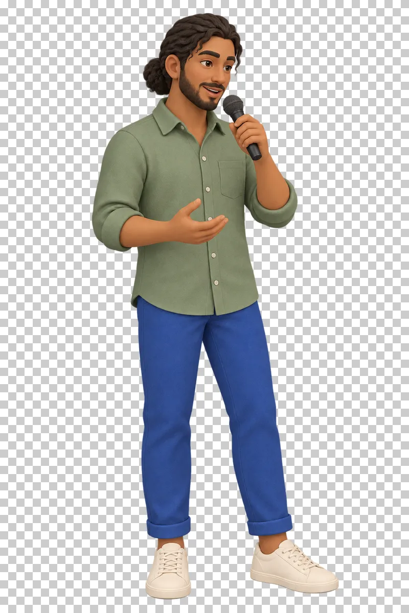 A 3D shop owner speaking into a handheld microphone.