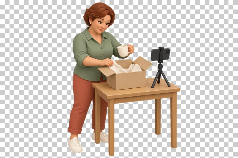 A 3D shop owner recording a product unboxing at a small table with a phone on a tripod.