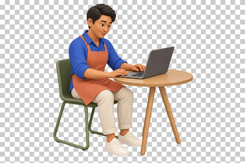 A seated 3D shop owner editing content on a laptop at a small round table.
