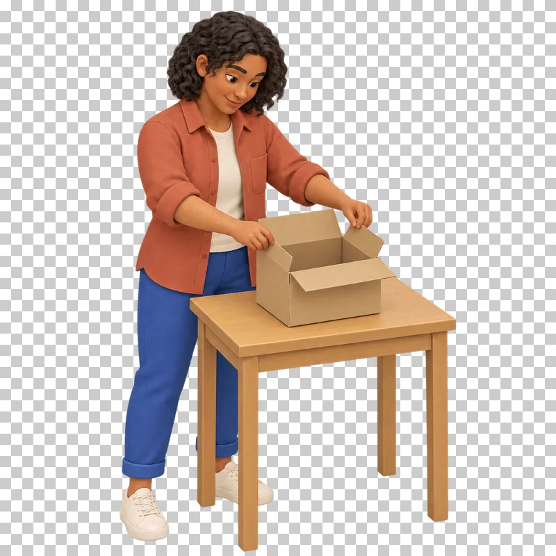 A 3D shop owner folding the flaps of a kraft shipping box at a small wooden table.