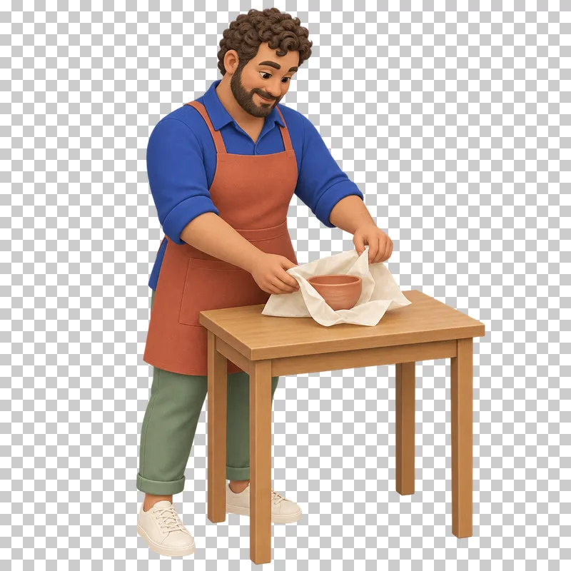 A 3D shop owner wrapping a handmade product in tissue paper at a small table.