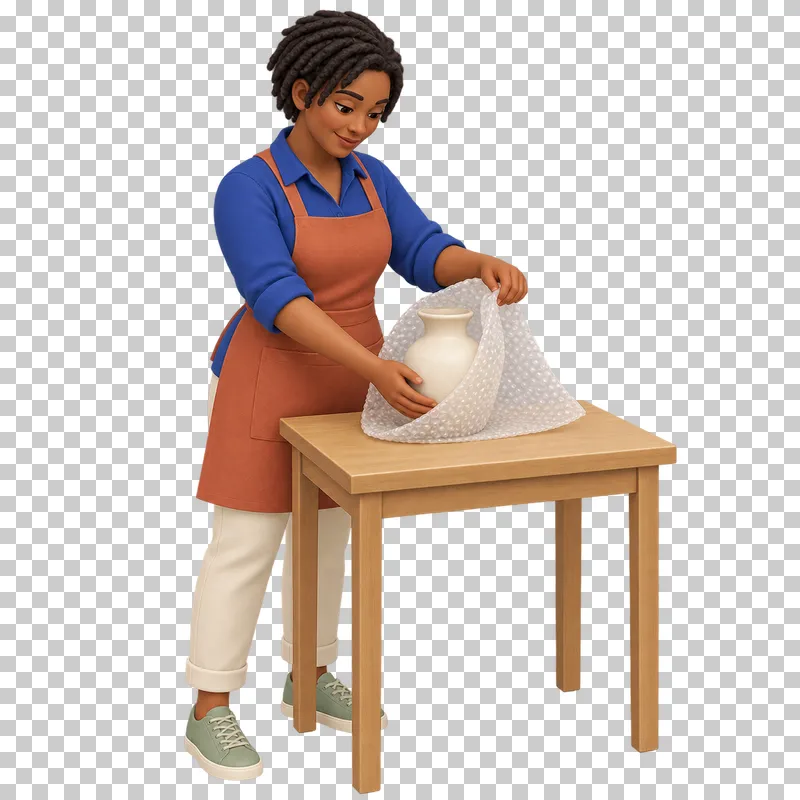 A 3D shop owner cushioning a fragile ceramic product at a small table.
