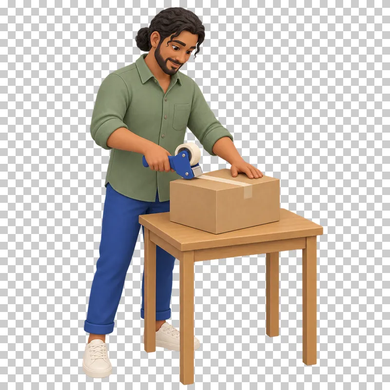 A 3D shop owner sealing a cardboard parcel with a tape dispenser.
