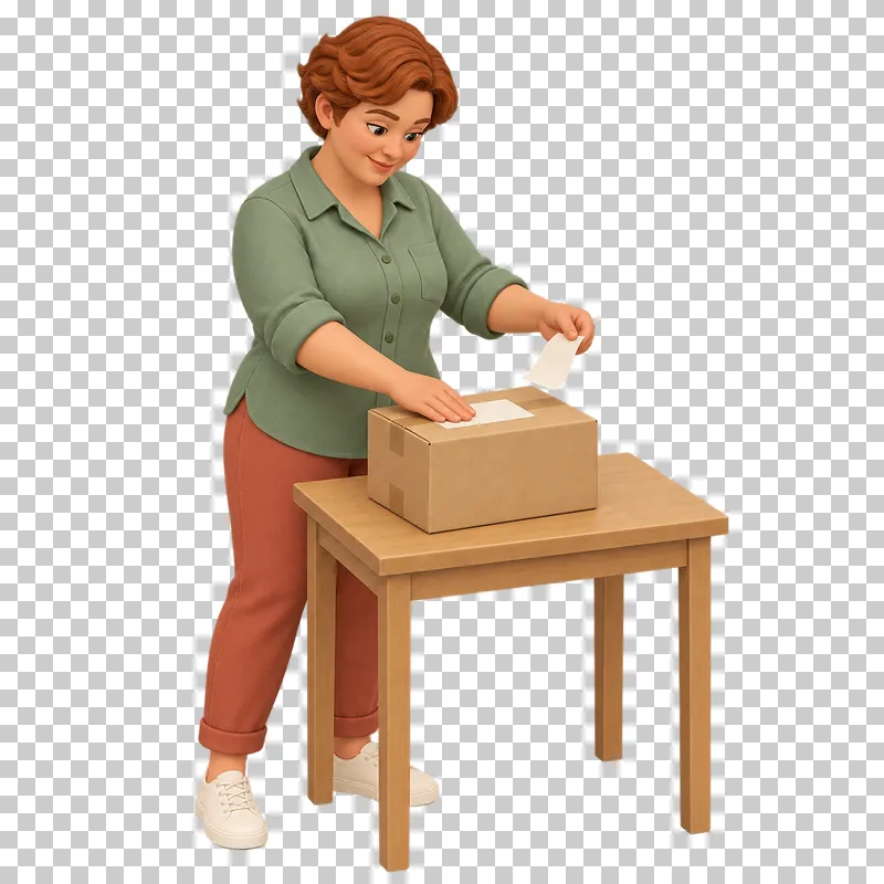 A 3D shop owner applying a blank shipping label to a sealed parcel.